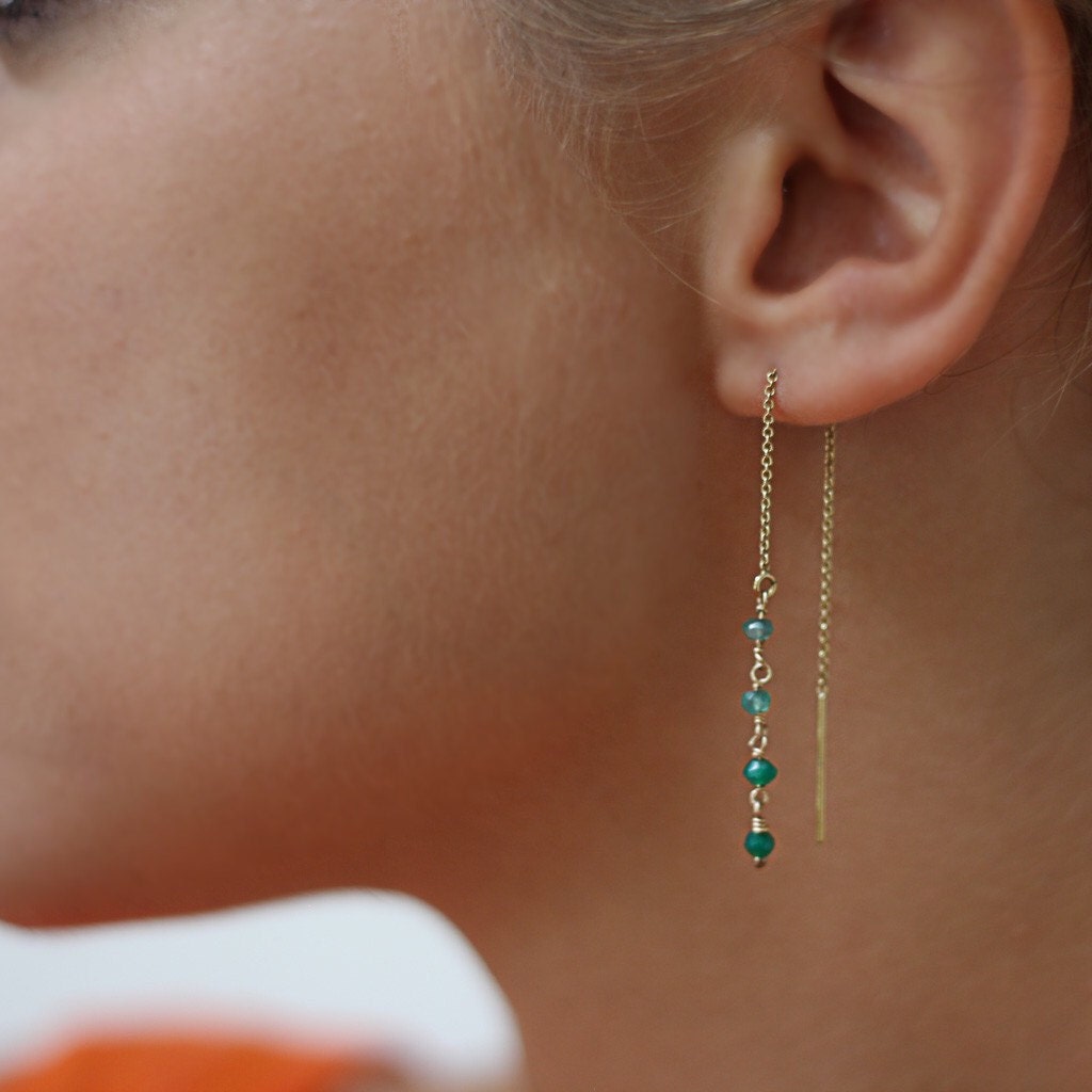 Dainty Iolite Threader Earrings: Gold Fill or Sterling Silver, Handmade in Paris