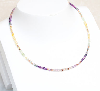 Fluorite Choker: Rose Gold Faceted Mini Cube Rainbow Gemstone Necklace