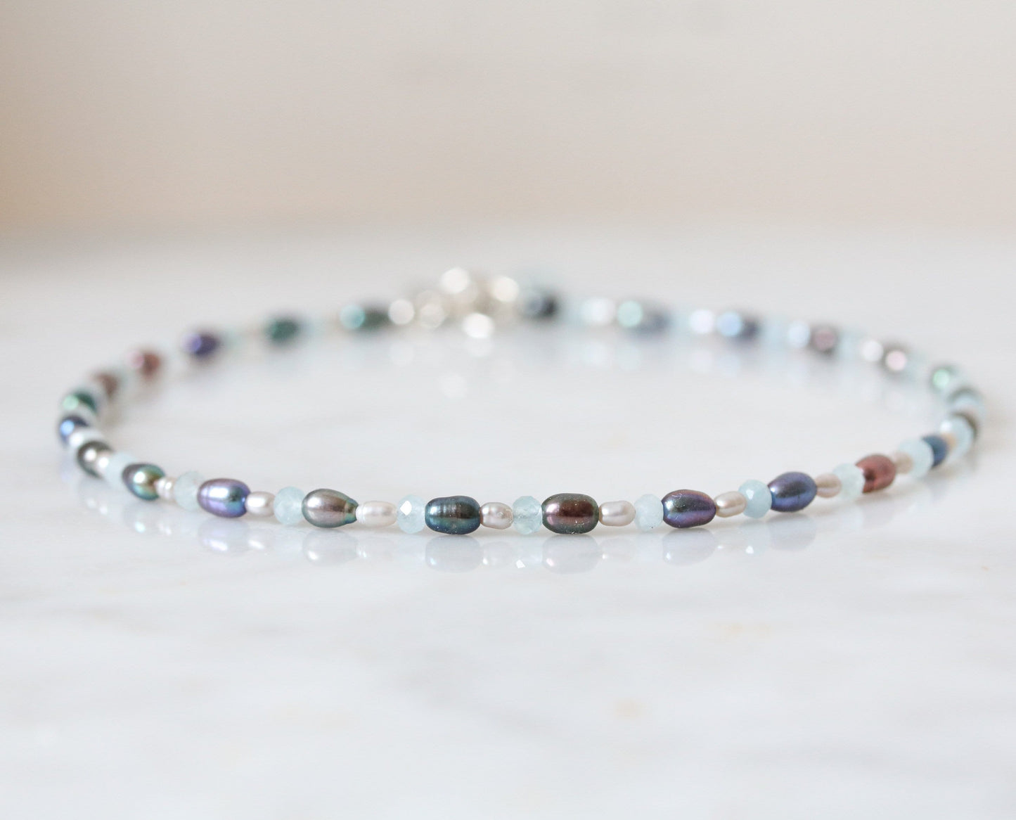 Handmade Pearl & Aquamarine Anklet: Silver Feather Charm