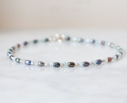 Handmade Pearl & Aquamarine Anklet: Silver Feather Charm