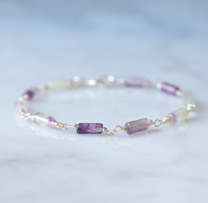 Fluorite Bracelet: Purple & Green Gemstone, Solid Silver Chain