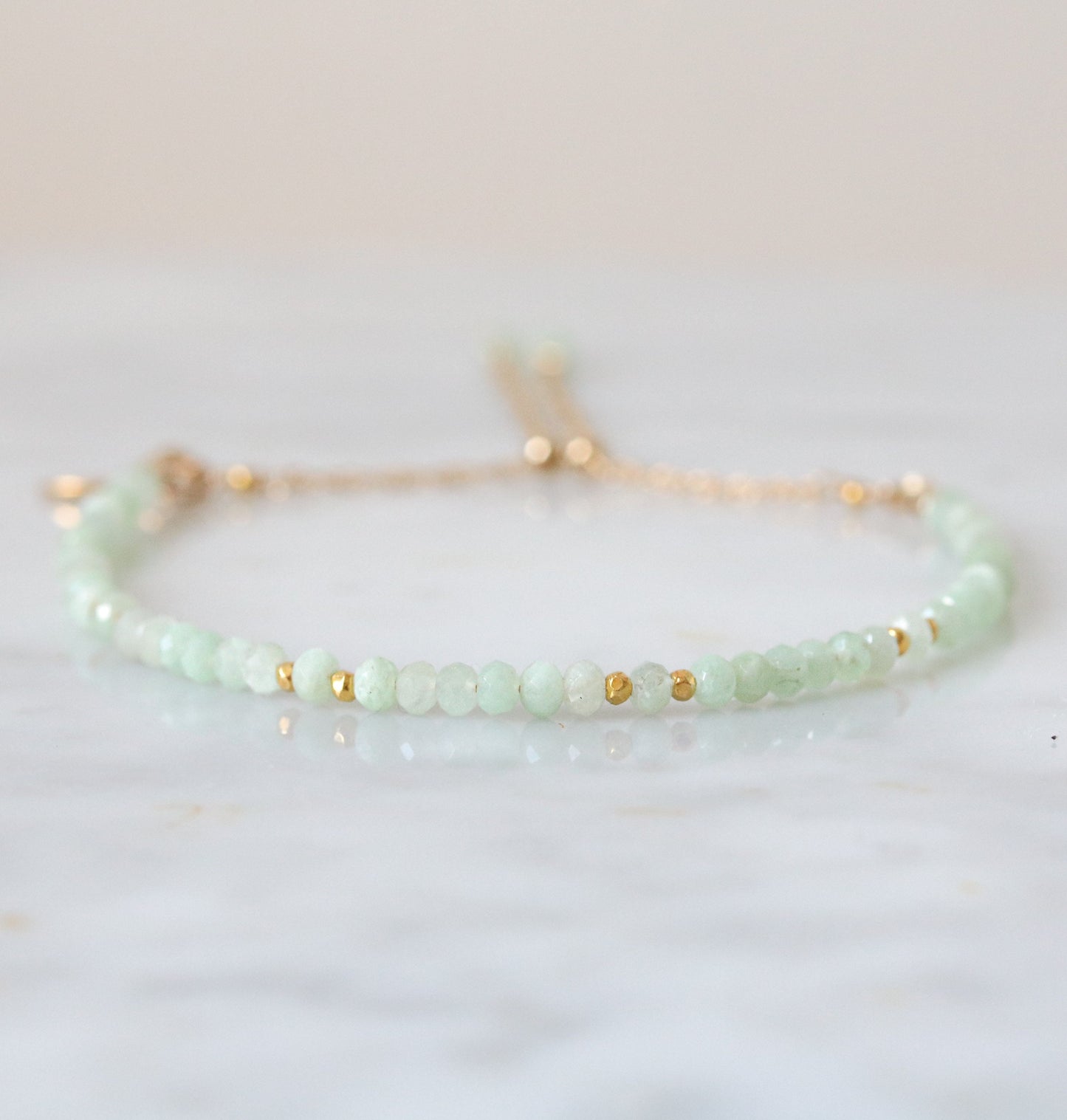Green Opal Bracelet: Gold Karen Hill Tribe Bead, Adjustable Chain