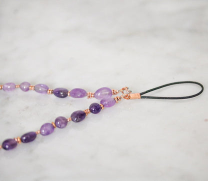 Handmade Amethyst Phone Charm: Beaded Gemstone Wristlet with Gold Vermeil
