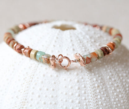 Handmade Aqua Terra Jasper Bracelet: Rose Gold Heishi Bead Jewelry