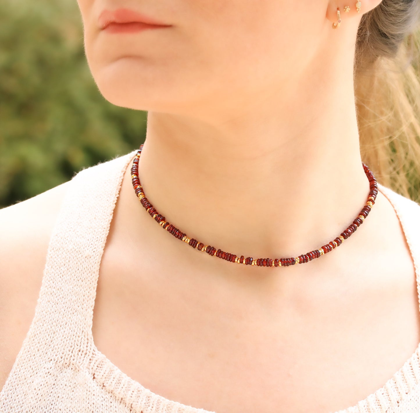 Garnet Heishi Choker: Gold Vermeil Surfer Necklace