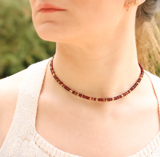 Garnet Heishi Choker: Gold Vermeil Surfer Necklace