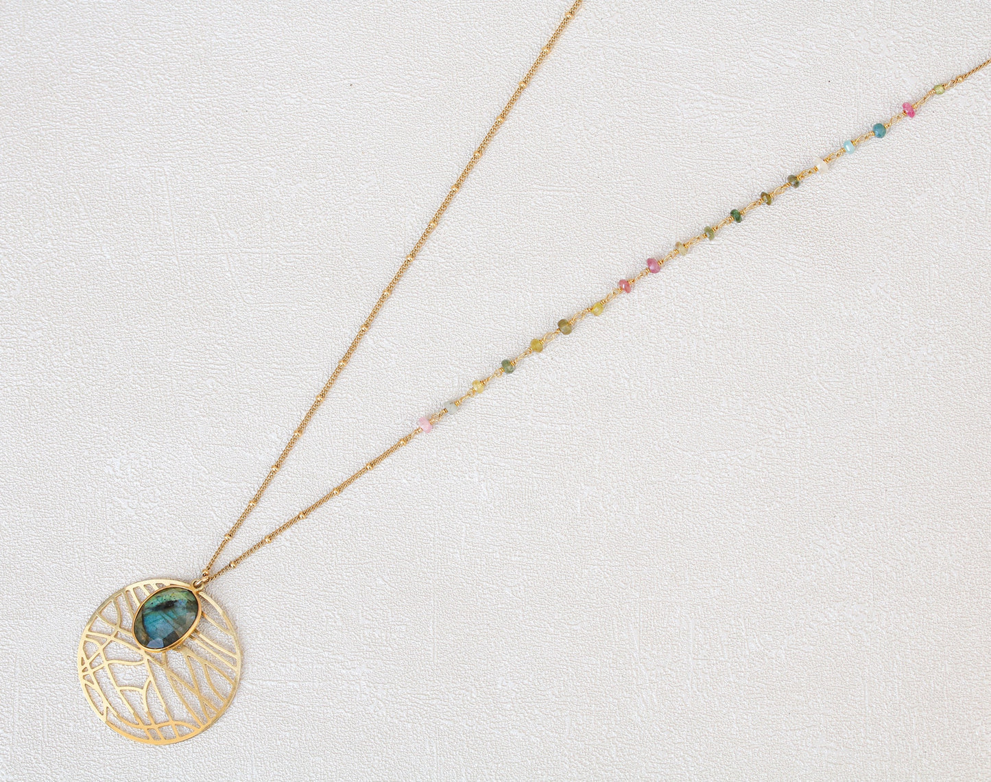 Labradorite Gold Dreamcatcher Necklace: Asymmetric Tourmaline Gemstone, Handmade in Paris