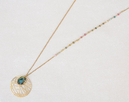 Labradorite Gold Dreamcatcher Necklace: Asymmetric Tourmaline Gemstone, Handmade in Paris