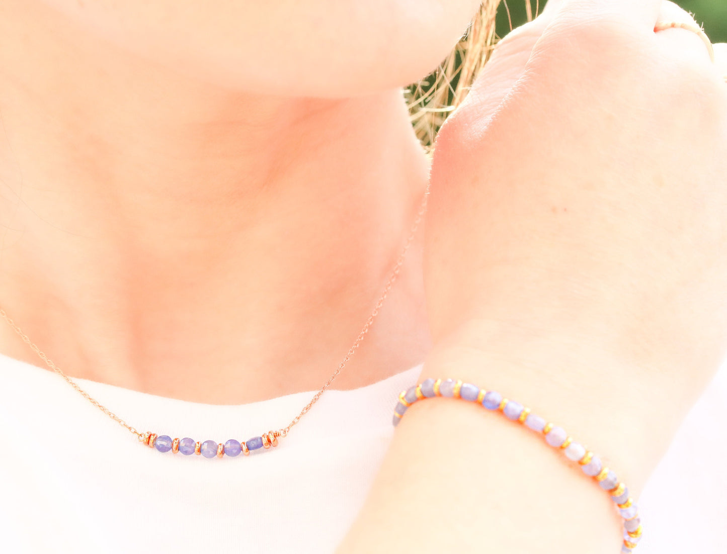 Tanzanite Coin Gemstone Bar Necklace: 14ct Rose Gold Fill