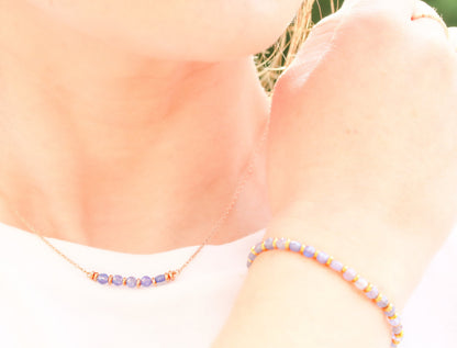 Tanzanite Coin Gemstone Bar Necklace: 14ct Rose Gold Fill