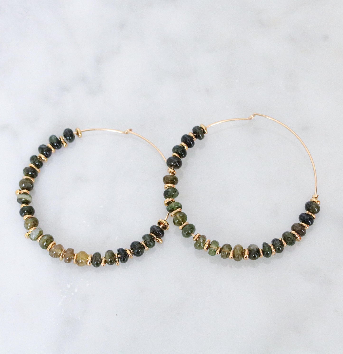Handmade Green Tourmaline Hoop Earrings: 14k Gold Fill Gemstone Hoops