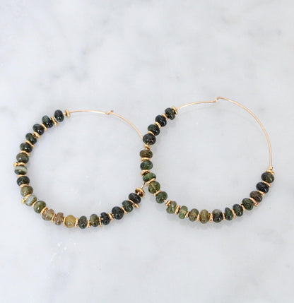 Handmade Green Tourmaline Hoop Earrings: 14k Gold Fill Gemstone Hoops
