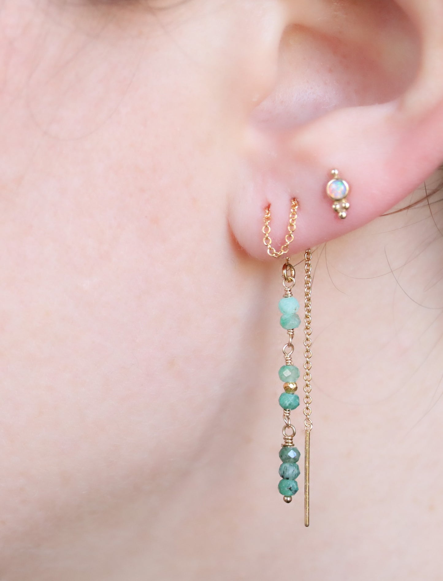 Handmade Emerald Threader Earrings: Rose Gold Fill, May Birthstone