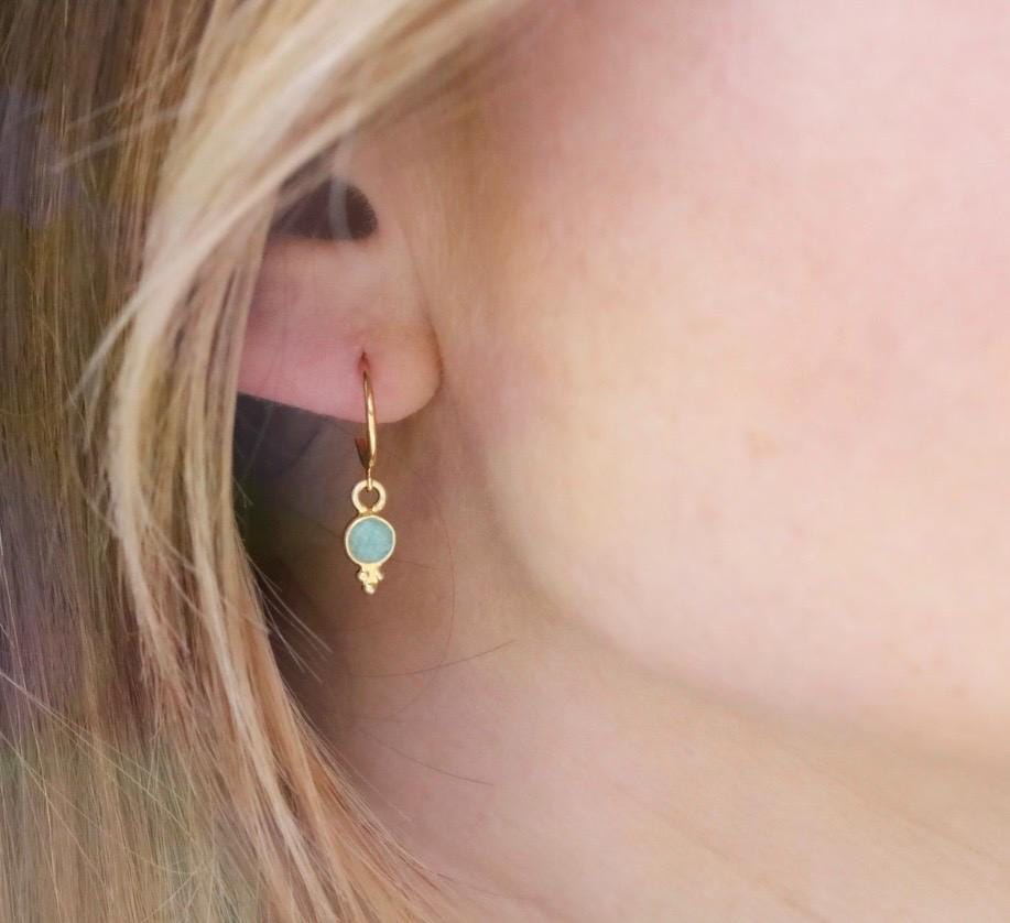 Amazonite Gold Vermeil Huggie Hoop Earrings: Dainty Gemstone Jewelry