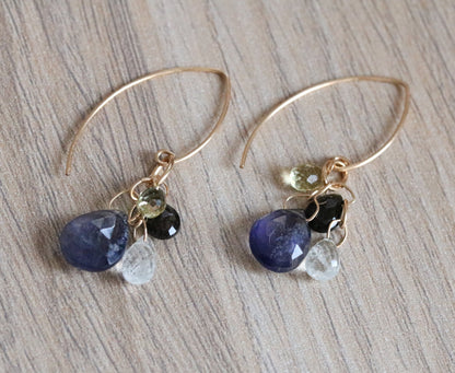 Handmade Gold Earrings: Faceted Tourmaline, Quartz & Iolite Gemstone Cluster