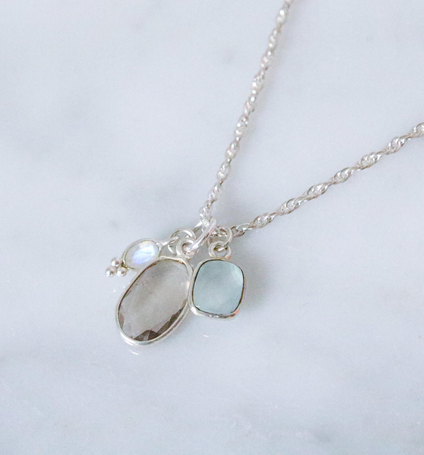 Moonstone, Quartz & Chalcedony Solid Silver Charm Necklace