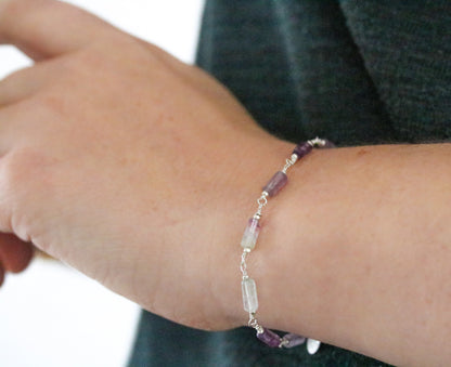 Fluorite Bracelet: Purple & Green Gemstone, Solid Silver Chain