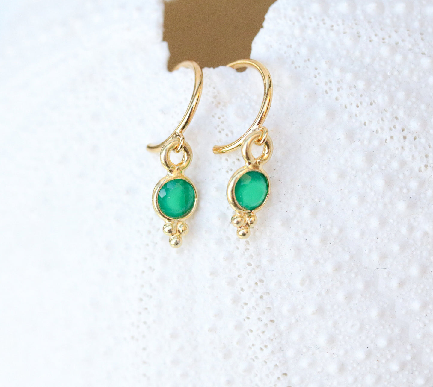 Dainty Green Agate Huggie Hoops: Yellow Gold Vermeil Earrings