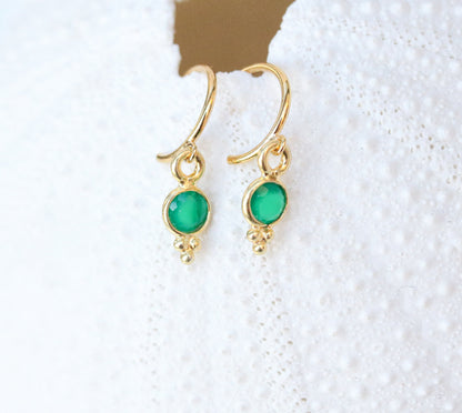 Dainty Green Agate Huggie Hoops: Yellow Gold Vermeil Earrings
