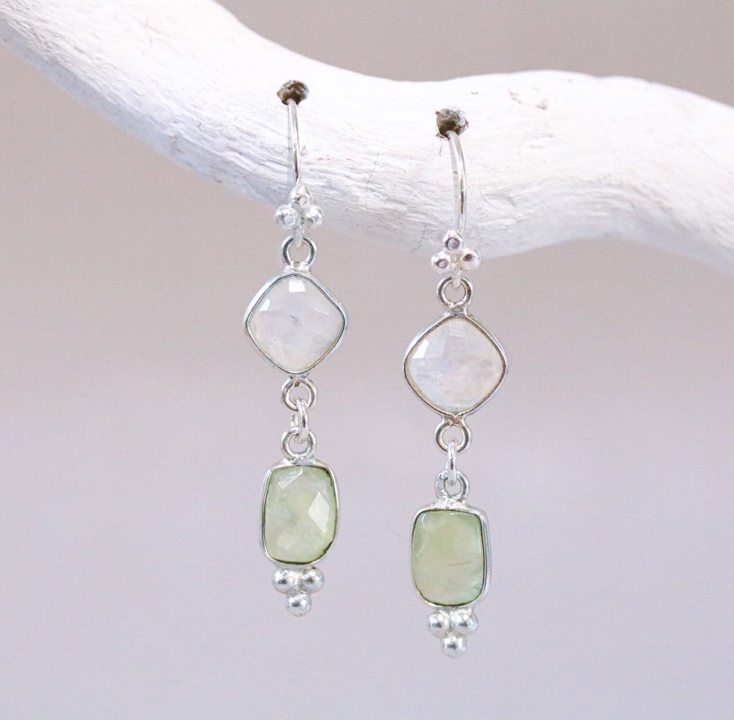 Moonstone & Green Quartz Solid Silver Dangle Earrings