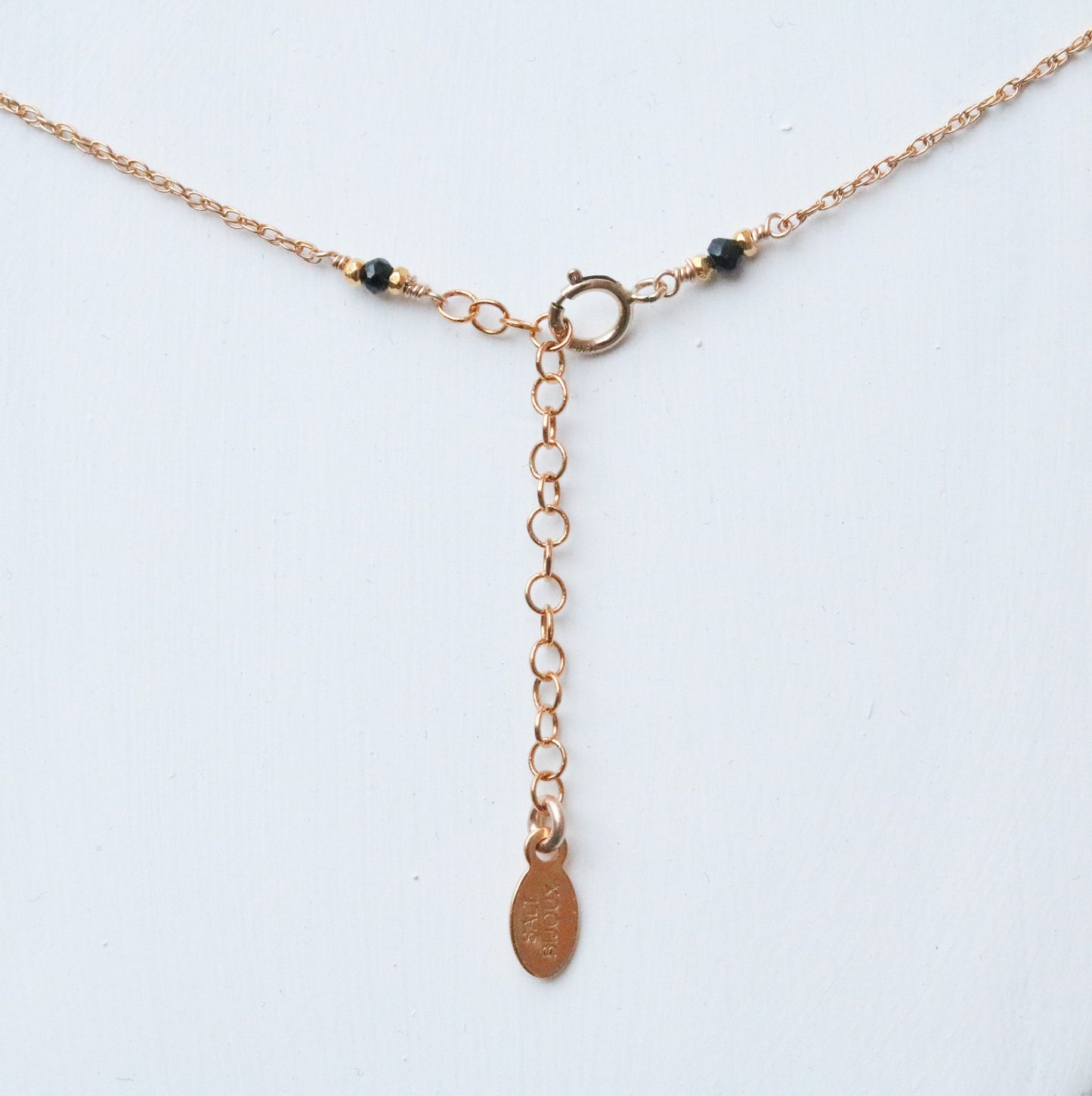 Handmade Labradorite Feather Necklace: Gold Filled Chain, Black Onyx Beads