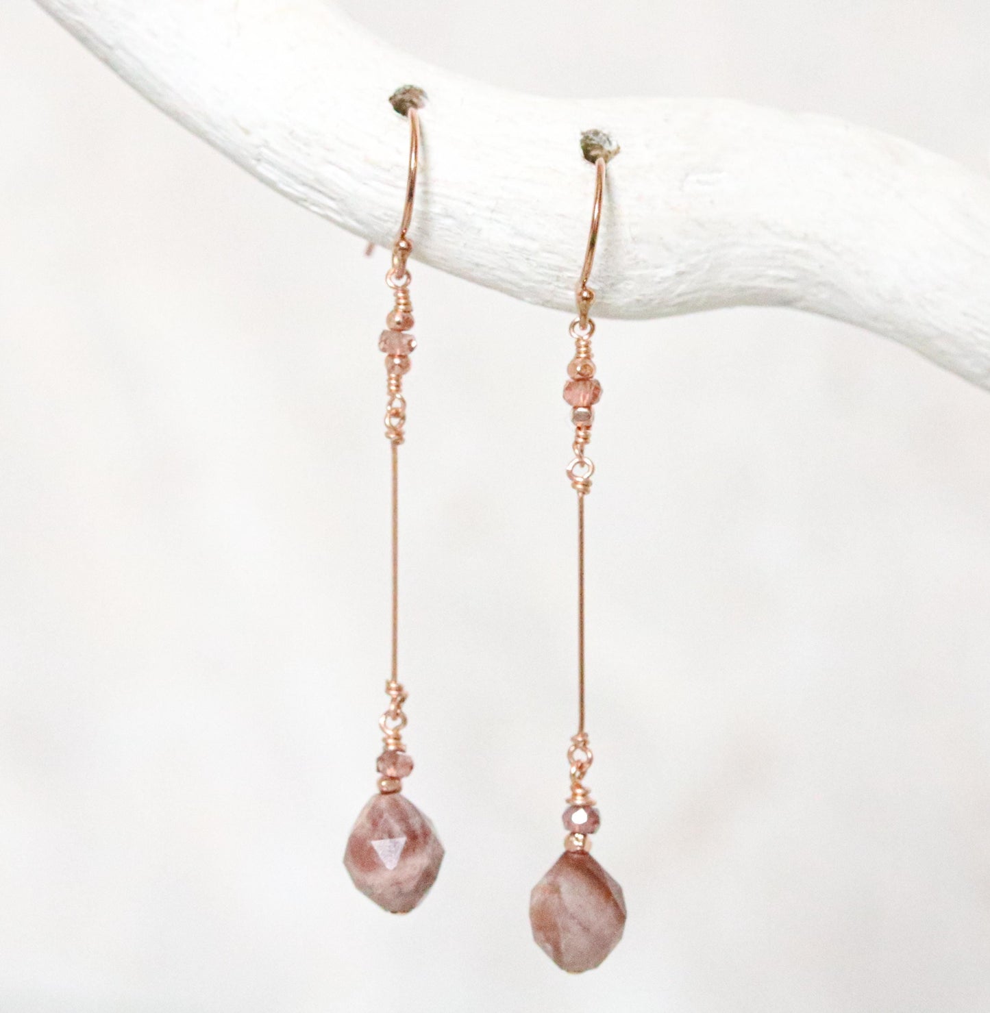 Fossilized Wood Rose Gold Drop Earrings: Gemstone Dangle Earrings