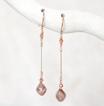 Fossilized Wood Rose Gold Drop Earrings: Gemstone Dangle Earrings