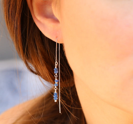 Handmade Sapphire Threader Earrings: Sterling Silver September Birthstone Gift