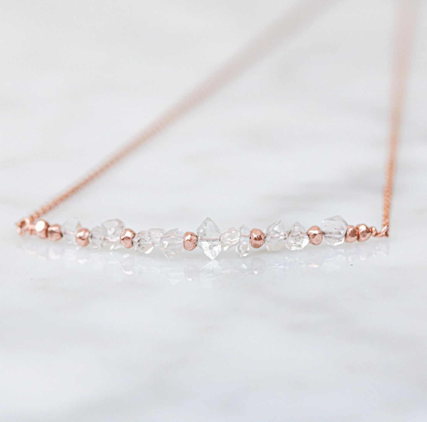Herkimer Diamond Bar Necklace: 14K Rose Gold Fill, Adjustable Chain