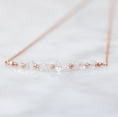 Herkimer Diamond Bar Necklace: 14K Rose Gold Fill, Adjustable Chain