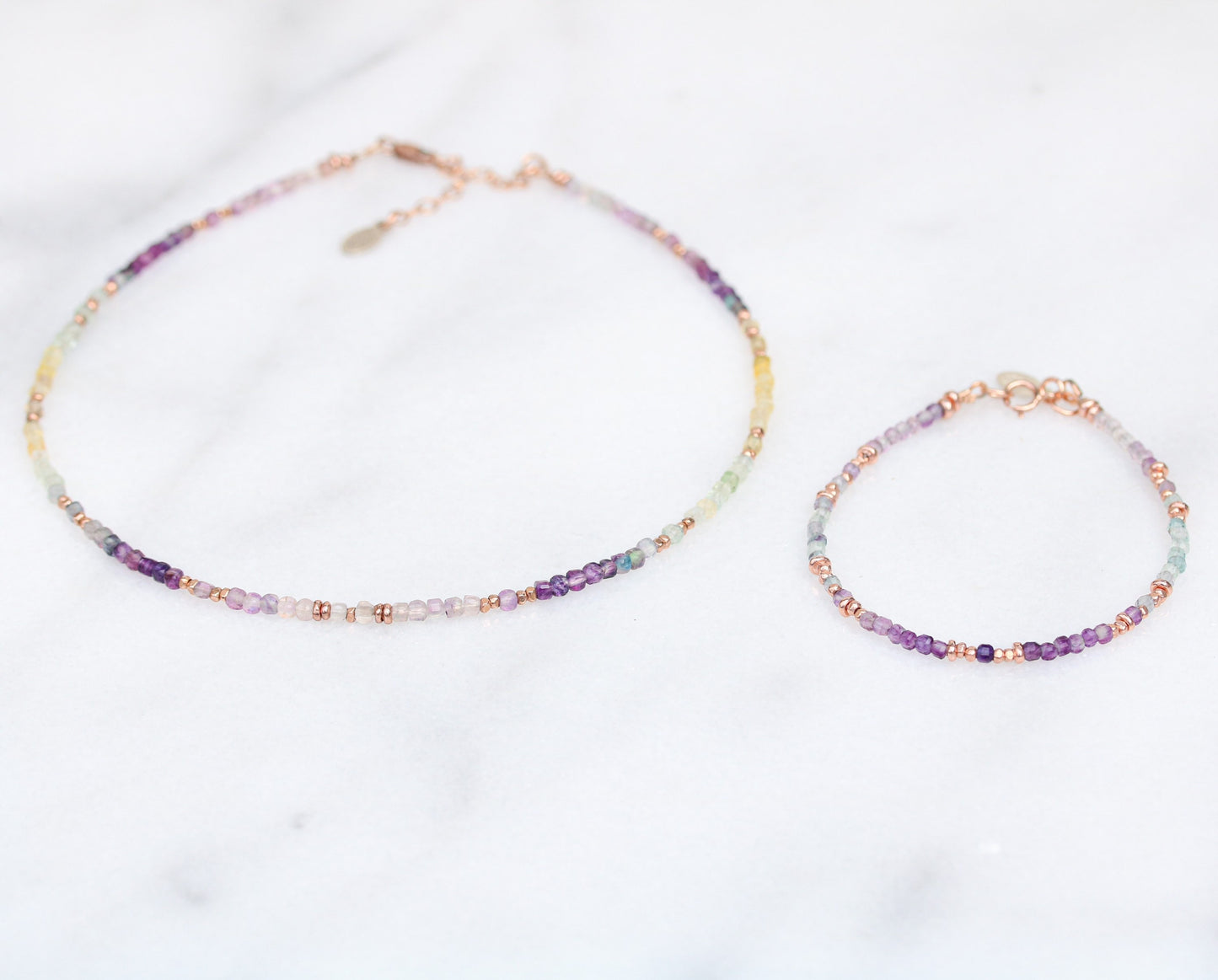 Fluorite Choker: Rose Gold Faceted Mini Cube Rainbow Gemstone Necklace