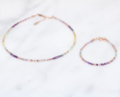 Fluorite Choker: Rose Gold Faceted Mini Cube Rainbow Gemstone Necklace