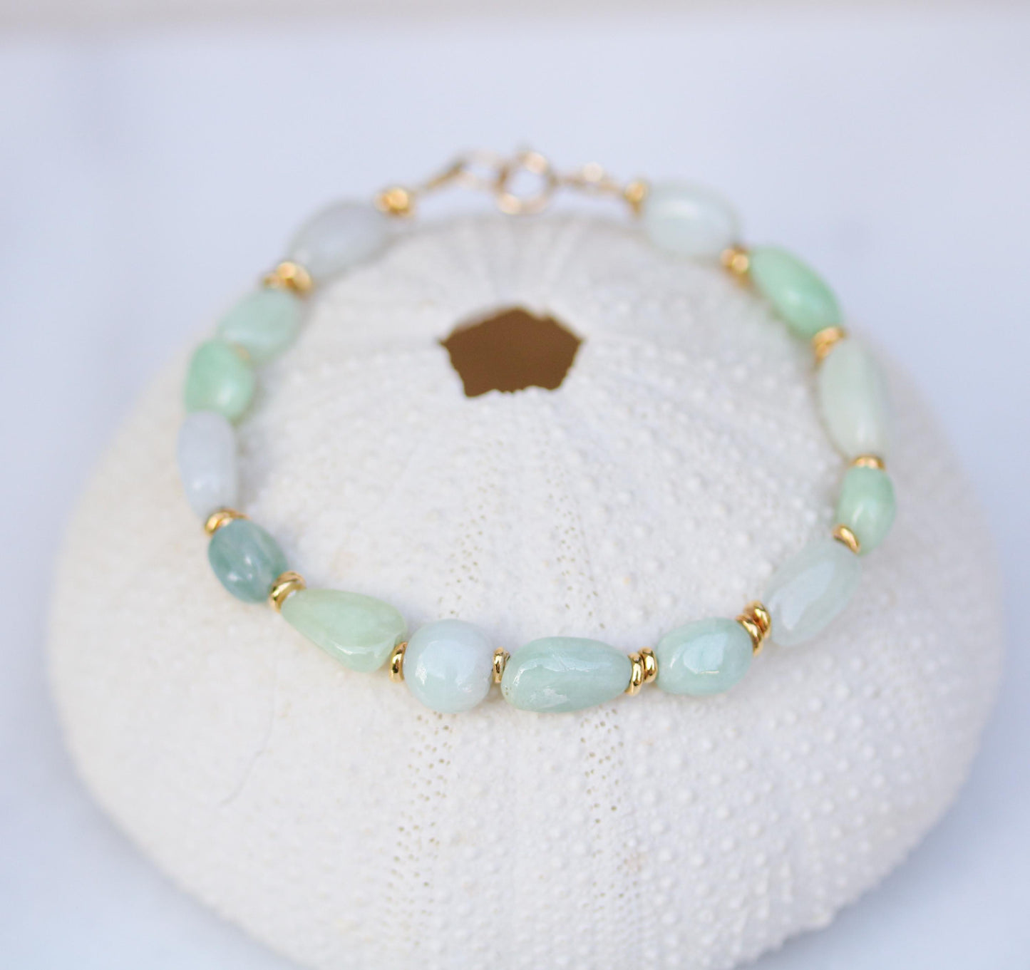 Handmade Jade Beaded Bracelet: Mint Green & White Gemstone with Gold Vermeil