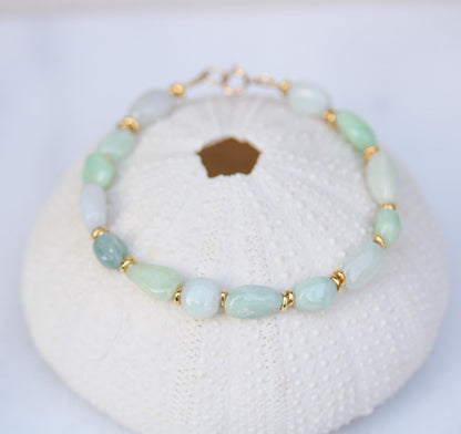 Handmade Jade Beaded Bracelet: Mint Green & White Gemstone with Gold Vermeil