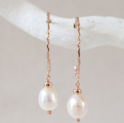Bridal White Freshwater Pearl Rose Gold Vermeil Hammered Hoop Earrings Wedding Jewellery June Birthstone Gift Idea for Women Bride to Be