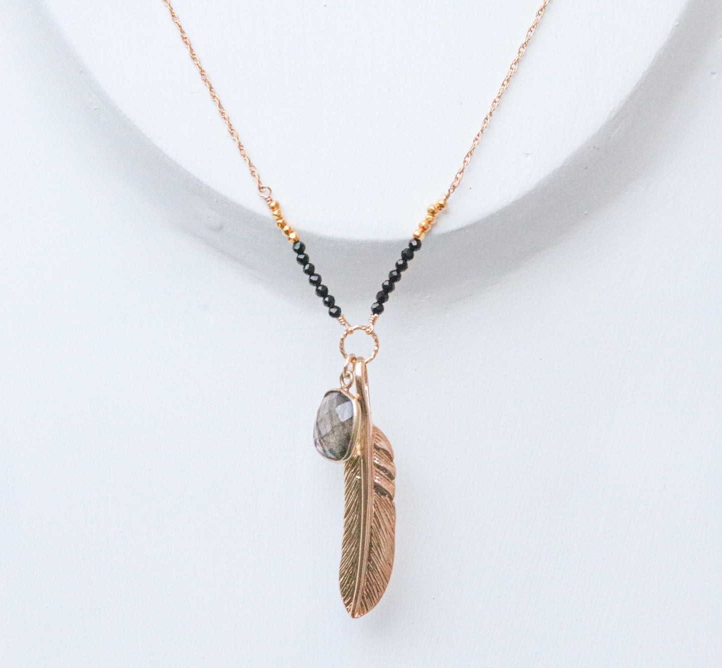 Handmade Labradorite Feather Necklace: Gold Filled Chain, Black Onyx Beads