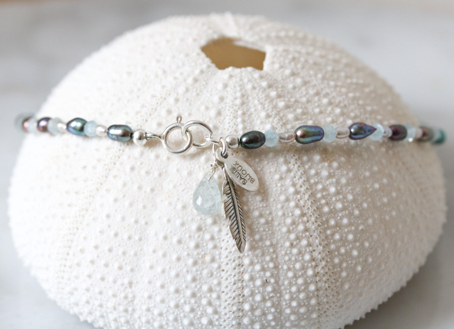 Handmade Pearl & Aquamarine Anklet: Silver Feather Charm