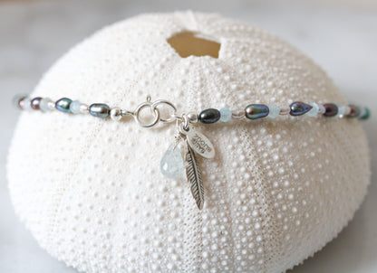Handmade Pearl & Aquamarine Anklet: Silver Feather Charm