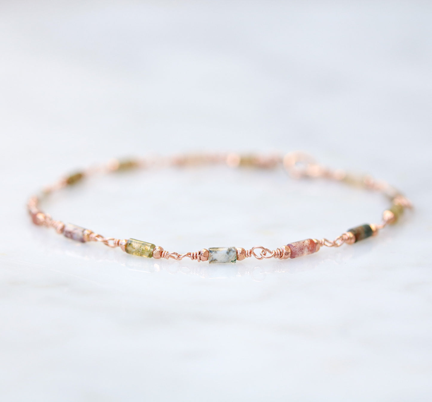 Dainty Indian Agate Bracelet: Rose Gold Filled Chain, Autumnal Shades