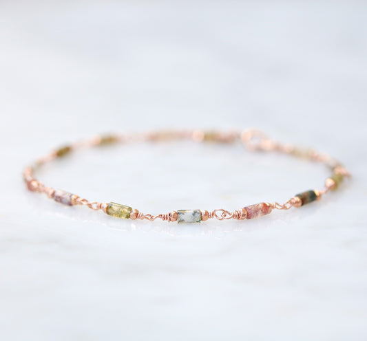 Dainty Indian Agate Bracelet: Rose Gold Filled Chain, Autumnal Shades