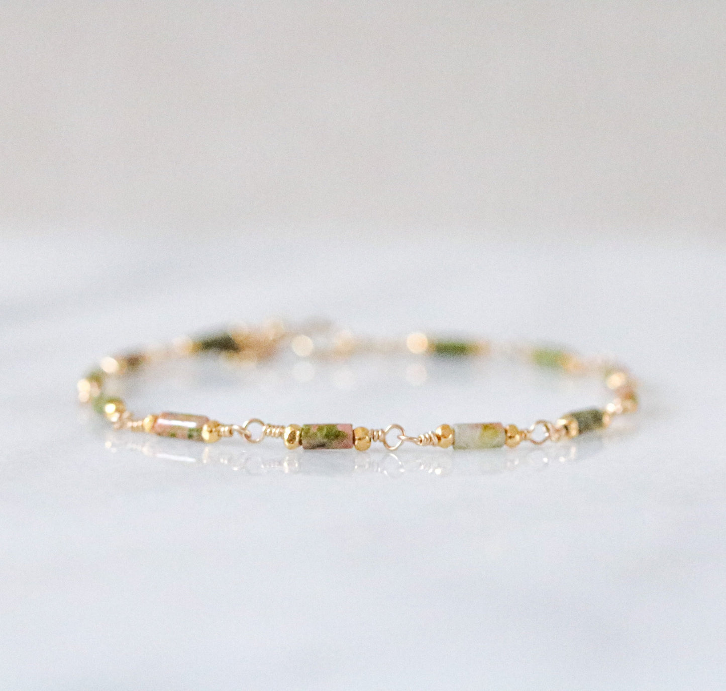 Delicate Unakite Bracelet: Gold Chain, Karen Hill Tribe Beads