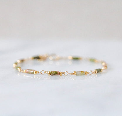 Delicate Unakite Bracelet: Gold Chain, Karen Hill Tribe Beads