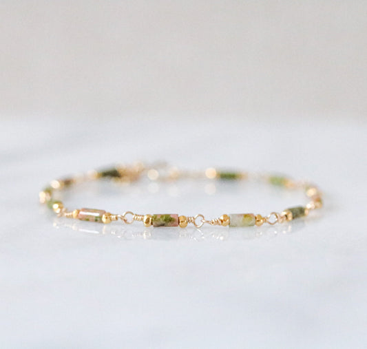Delicate Unakite Bracelet: Gold Chain, Karen Hill Tribe Beads