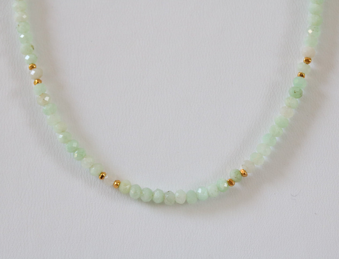 Faceted Pale Green Opal Necklace: Karen Hill Tribe Gold Beads, Adjustable