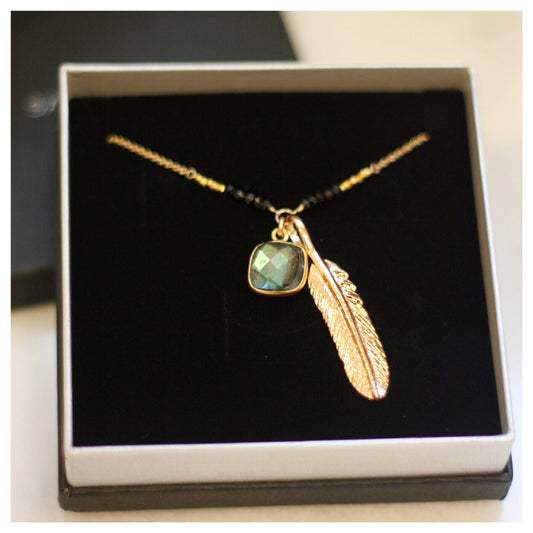 Handmade Labradorite Feather Necklace: Gold Filled Chain, Black Onyx Beads