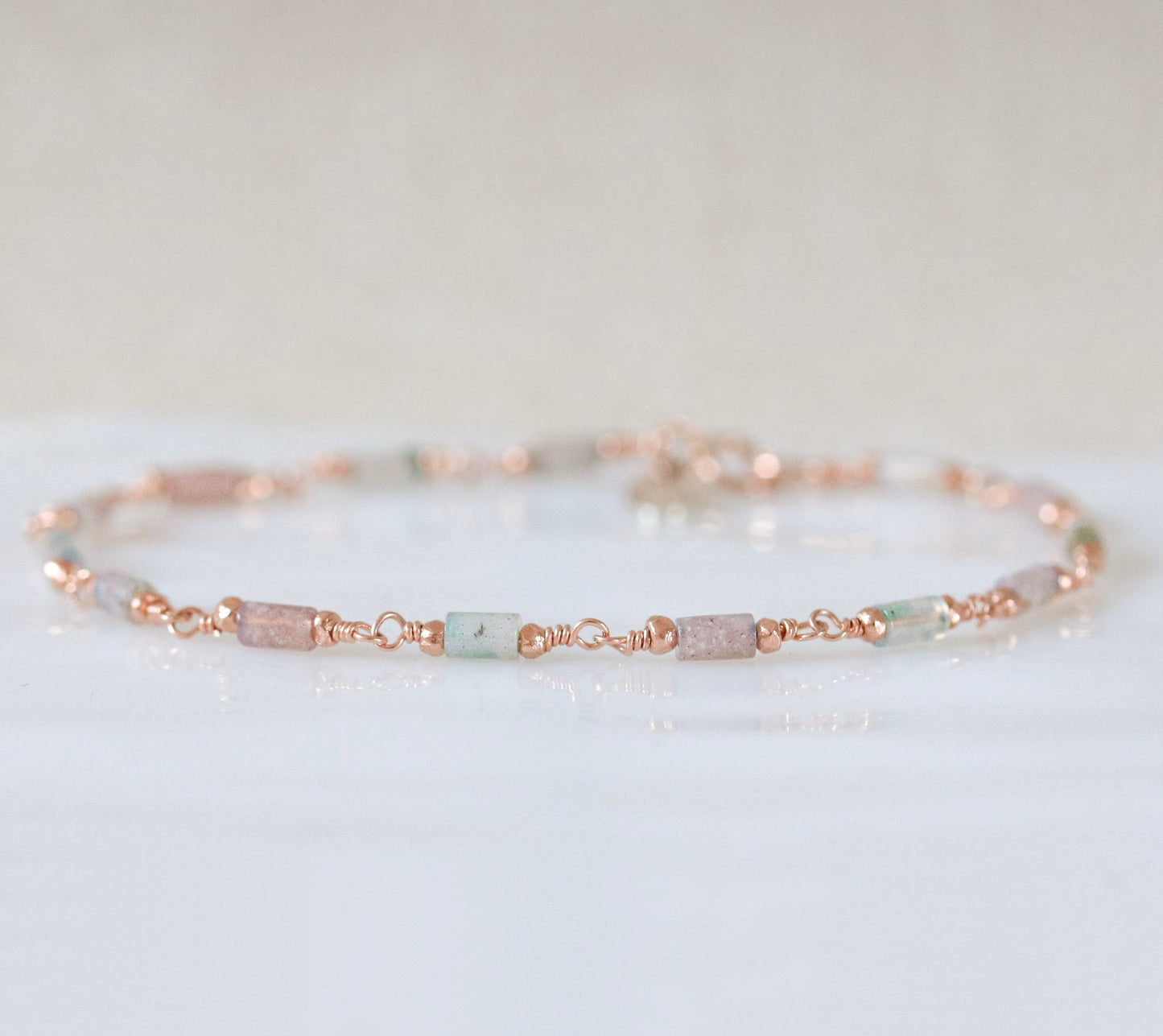 Pastel Pink Mint Agate Bracelet: Rose Gold Vermeil Chain, Dainty Jewelry