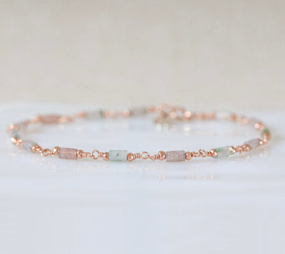 Pastel Pink Mint Agate Bracelet: Rose Gold Vermeil Chain, Dainty Jewelry