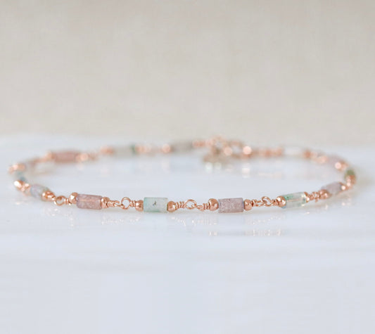 Pastel Pink Mint Agate Bracelet: Rose Gold Vermeil Chain, Dainty Jewelry