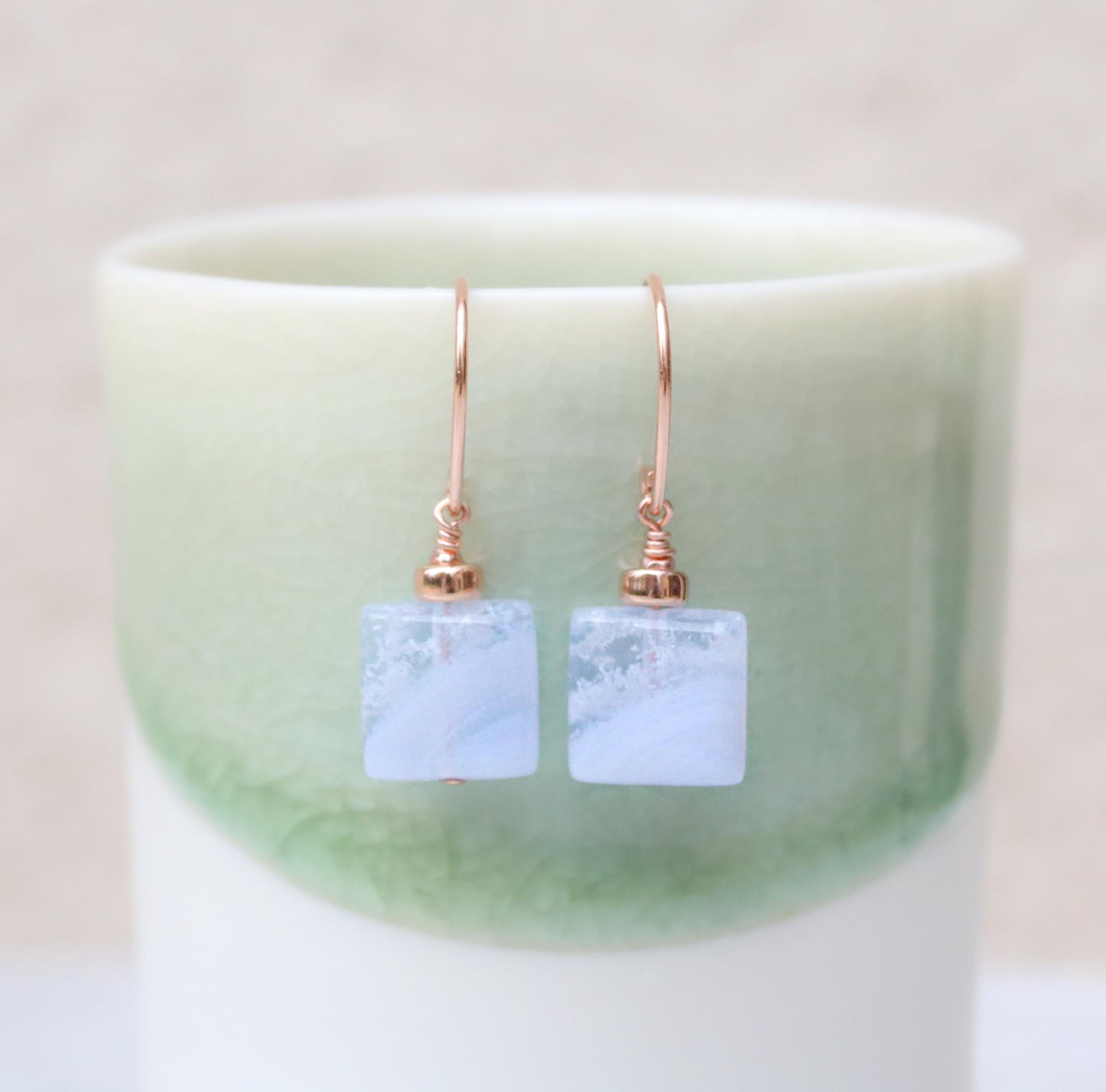Blue Lace Agate Earrings: 14ct Rose Gold Filled, Faceted Gemstone