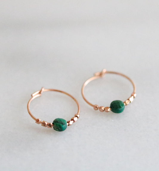 Faceted Malachite Mini Rose Gold Filled Hoop Earrings